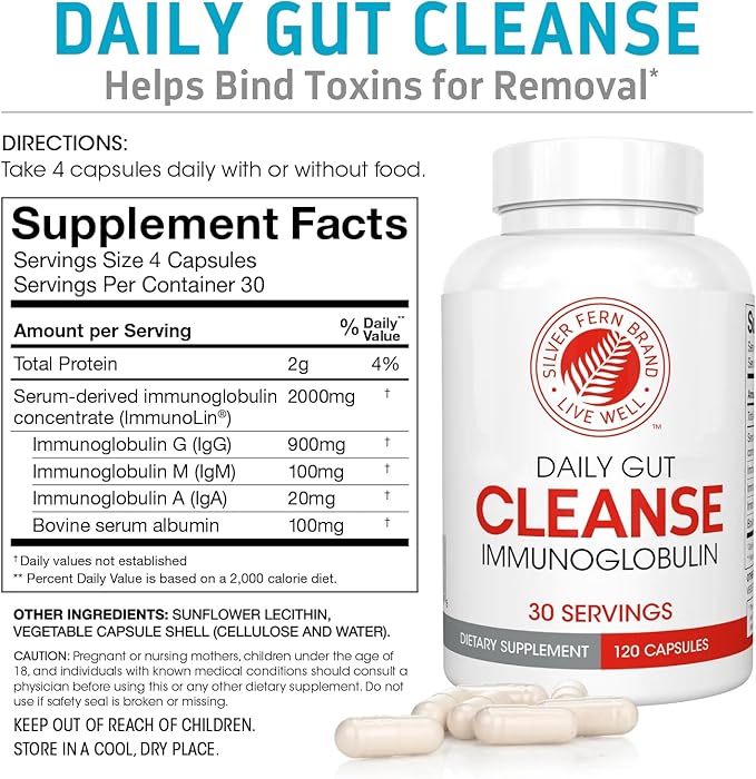 Silver Fern Cleanse - Daily Gut - 2 Bottle - 240 Capsules - 60 Day Supply - Immunoglobulin G A &amp M -(IgG IGA IgM) - Digestive System &amp Immune System Support - Postbiotic