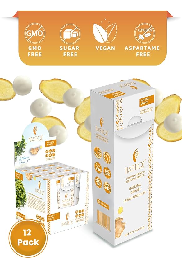 Mastiqe Sugar Free Hard Chewing Gum with Natural Mastic (12 Pack Ginger)