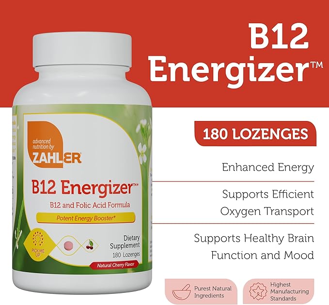 Zahler Energizer Vitamin B12-5000 mcg Vitamin B12 - Natural Cherry Flavor Dissolvable Lozenges - Kosher Gluten Free Non-GMO B12 Vitamins 5000 mcg Energy Boost Made in USA (180 Count)