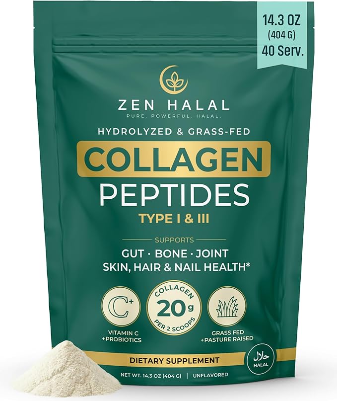 Collagen Powder with Vitamin C &amp Probiotic (18g Protein) Pure Grass Fed Halal Collagen Peptides for Women - Unflavored &amp Hydrolyzed Bovine Type I &amp III for Skin Hair Nails Joints and Gu