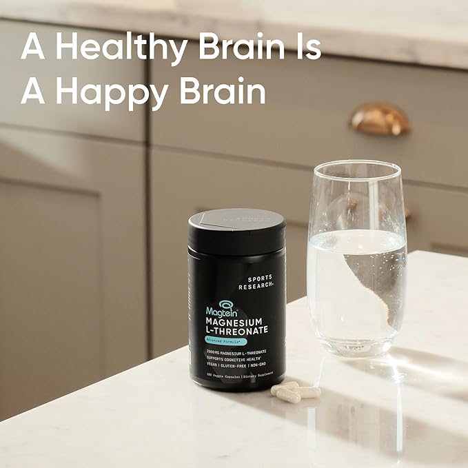 Sports Research® Magnesium L-Threonate Capsules 2000mg - High-Absorption Magtein® for Enhanced Brain Health Memory Focus &amp Restful Sleep Support - Vegan · Non-GMO · Gluten Free - 180 Count