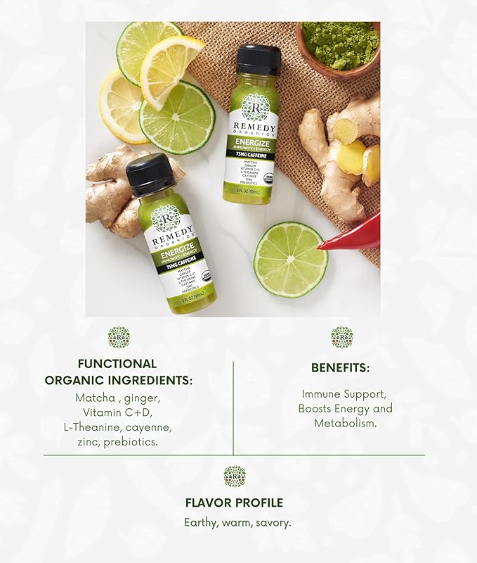 Remedy Organics Immunity Plus Shot Energize Me | Boost Energy Brain Function Detoxification and Metabolism | Brain Juice | Certified-Organic Ingredients 12 Packs