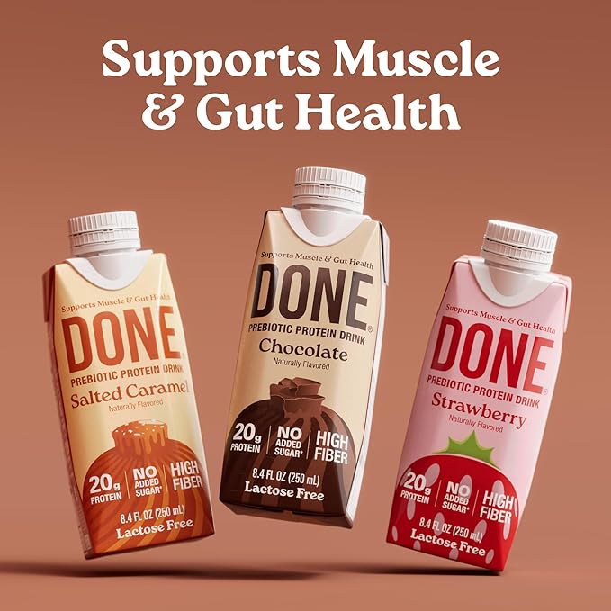 Done Prebiotic Protein Drink Chocolate 20G Whey Protein High Fiber Protein Shake With Prebiotics Gluten Free Lactose Free No Added Sugar Natural Flavor Non GMO 8.4 FL Oz Each 15 Pack