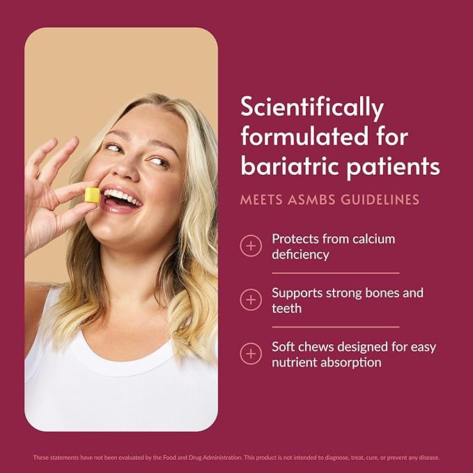 Bariatric Advantage Calcium Citrate Chewy Bites 500 mg - Highly Absorbable &amp Digestible - Vitamin D3 - Easily Chewable Calcium Supplement - Pineapple Mango - 90 Count