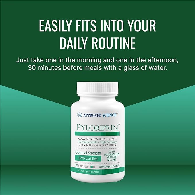 Approved Science Pyloriprin - Advanced Digestive Support for A Healthy Stomach - Zinc L-Carnosine Probiotic Broccoli Sprout Deglycyrrhized Licorice - 360 Capsules - six Month Supply - Vegan
