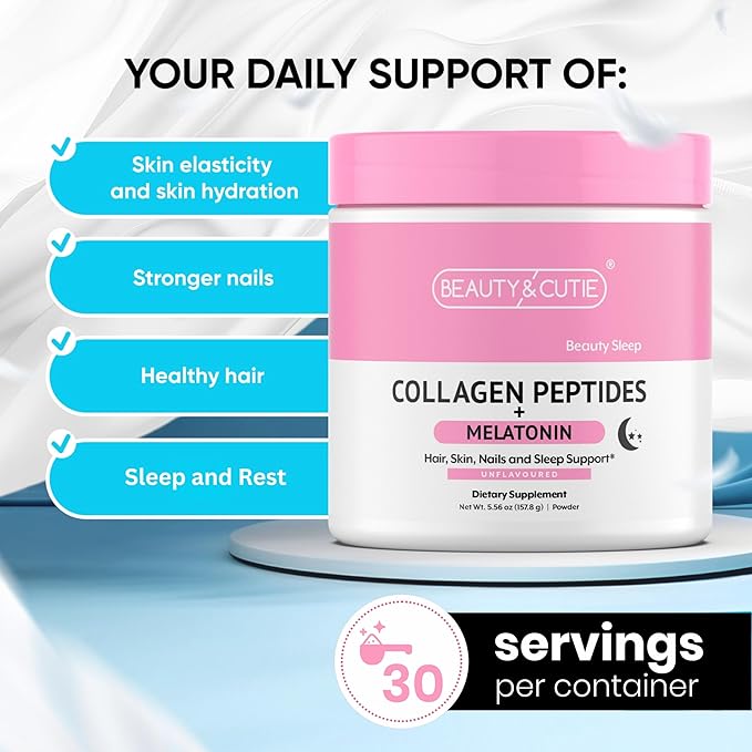 Melatonin 5 mg with Collagen Peptides Powder Grass Fed Hair Skin Nails and Sleep Support Non GMO Gluten Free Unflavored 5.56 oz