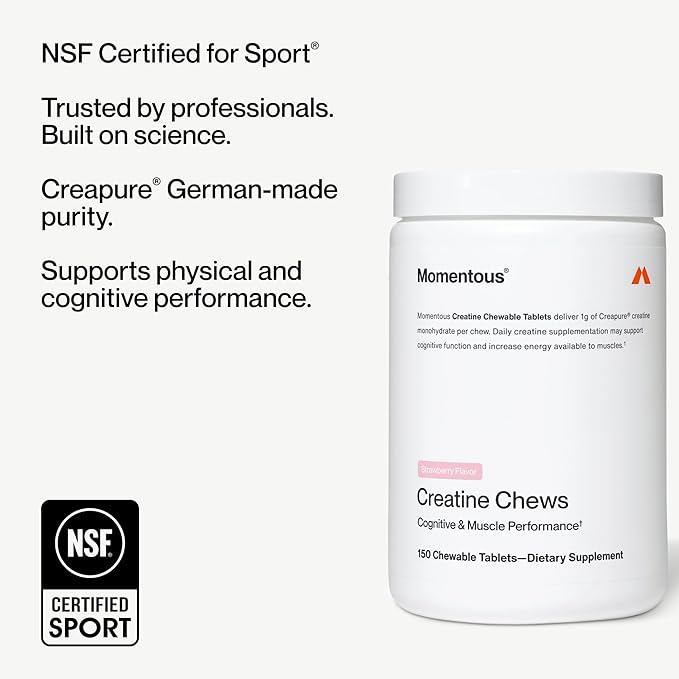 Momentous Creatine Chews - Creatine Monohydrate - Supports Strength Lean Muscle &amp Recovery for Men &amp Women - NSF Certified for Sport - 150 Chewable Tablets - Strawberry