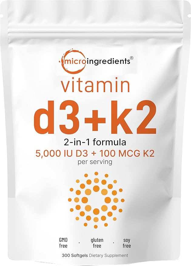 Micro Ingredients Vitamin D3 5000iu + K2 100mcg Softgels &amp L-Theanine 200mg with Magnesium Glycinate Bundle 2 Pack | Essential Sunshine Vitamins | Amino Acid &amp Mineral Complex