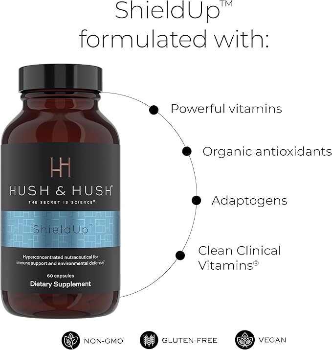 Hush &amp Hush ShieldUp - Immune Booster Energy Supplement - Brain Booster - Vitamin C Maca Root Turmeric and Organic Matcha Leaf Extract - Vegan Gluten Free - 60 Capsules