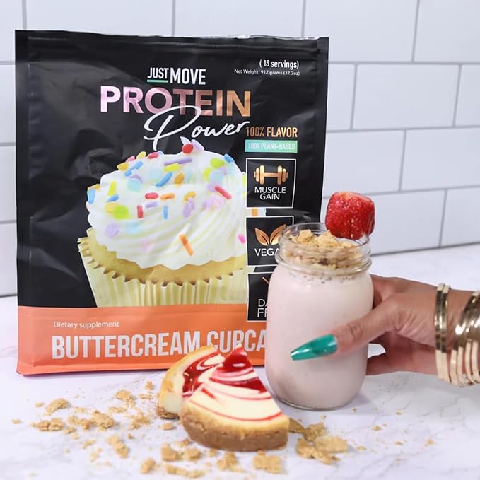 Just Move Protein - Buttercream Cupcake - Vegan (Plant Based) Organic Dairy Free Soy Free Gluten Free Keto Peanut Free 20g Protein Low Carb Non GMO (15 Servings)