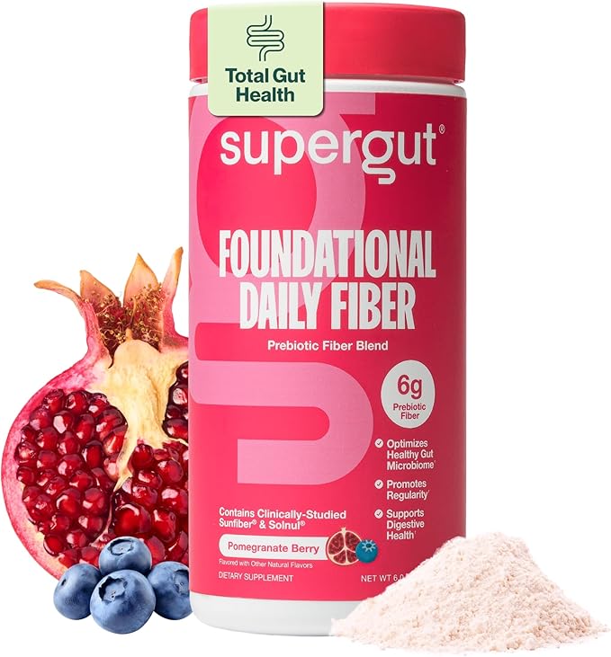 Supergut Foundational Daily Fiber Powder Sugar Free &amp Vegan Prebiotic Fiber Blend for Gut Health &amp Digestive Support Supplement for Men &amp Women with Solnul &amp Sunfiber Pomegranate Be