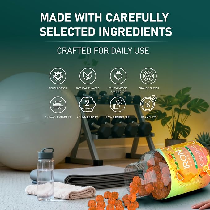 Iron Gummies with Vitamin C B6 B12 and Folate - Gentle Ferrous Bisglycinate for Daily Nutrition - Orange Flavor - 60 Gummies