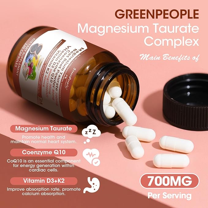 Magnesium Taurate Capsules 12-in-1 Complex - Beet Root CoQ10 Resveratrol for Heart Support Immue Support High Absorption Magnesium Taurate Complex Supplement for Men and Women 120 Capsules
