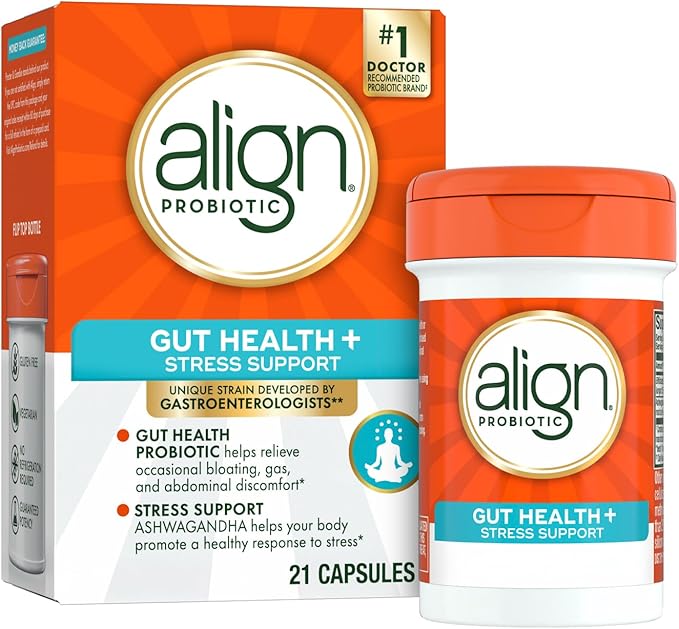 Align Probiotic Gut Health + Stress Support with Probiotics for Digestive Health and Ashwagandha to Help Calm Mind and Body* #1 Doctor Recommended Brand‡ 21 Capsules