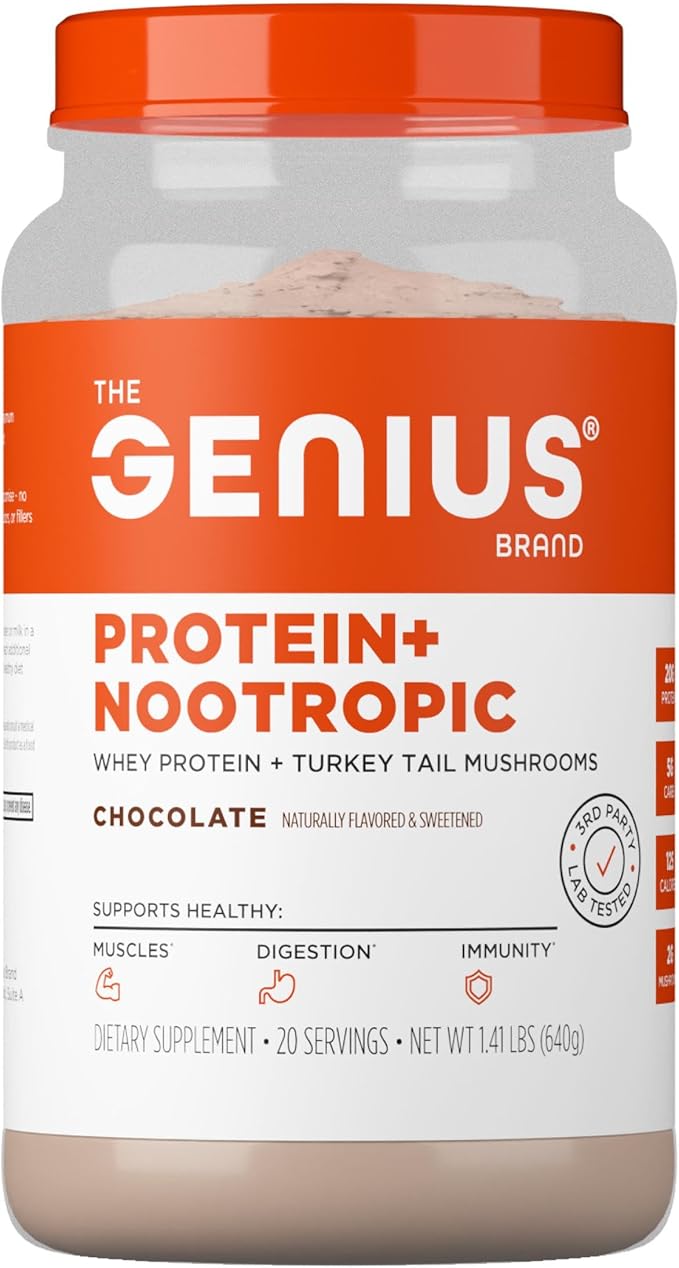 The Genius Brand Protein Powder - Chocolate + Adaptogenic Mushroom Blend - Plant-Based Protein with Turkey Tail for Gut Health - Daily Muscle Recovery &amp Immune Support - 20 Servings