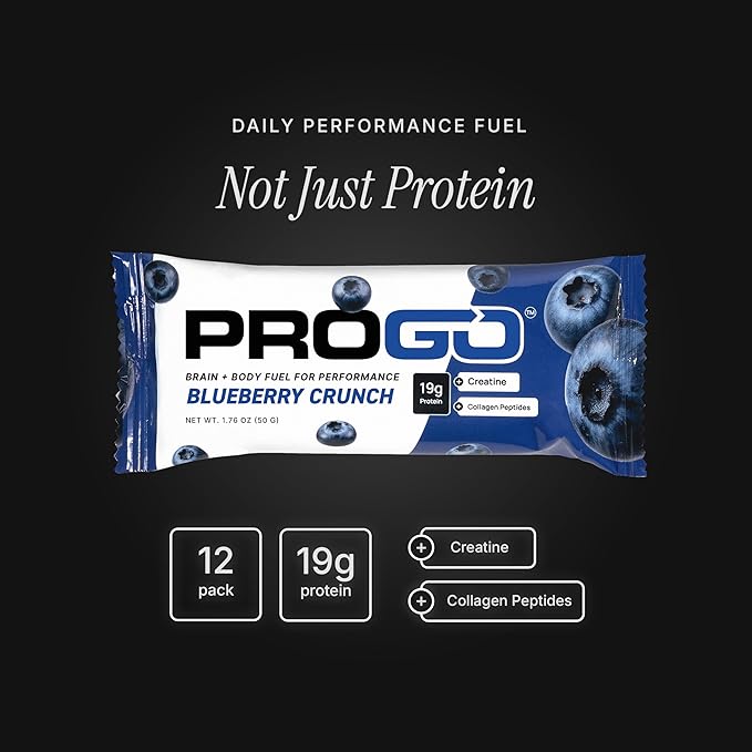 ProGo Protein Bars – Brain + Body Fuel with 19g Clean Protein Creatine &amp Collagen Peptides Made with 95% Pure Isolate Grass-Fed Beef Tallow No Fillers Naturally Sweetened with Honey Gluten-F