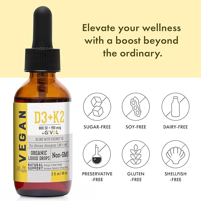 Vitamin D3+K2 Liquid Drops (MK4 &amp MK7) Organic Fractionated Coconut Oil and Vitamin C Extra Strength Spray Mist: Daily Absorption Liquid Extract Essential Protein Support Optimizes Wellness Bene
