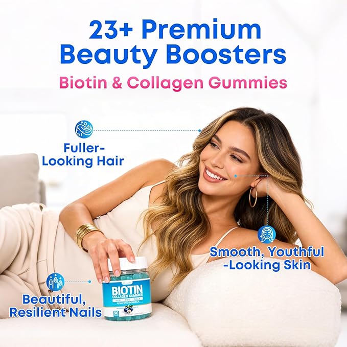 Biotin Gummies 10000mcg with Collagen - 23-in-1 Hair Growth Gummies for Women &amp Men - Hair Skin and Nails Gummies with Keratin &amp Saw Palmetto - Sugar Free Non-GMO Blueberry 180 Count