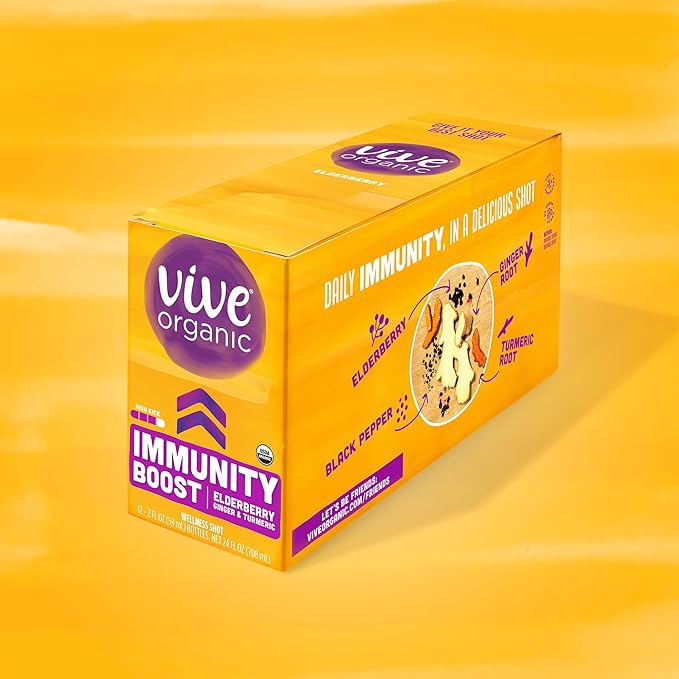 Vive Organic Immune Support Elderberry Shot Cold-Pressed Turmeric &amp Ginger Gluten Free Vegan Immunity Boost Elderberry 2 Fl Oz (Pack of 12)