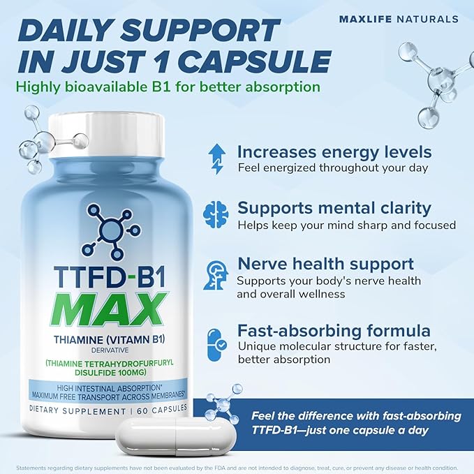 TTFD Thiamine B1 Supplement 60Capsules Made in USA- Thiamine TTFD Vitamin B1 MAX High-Potency Supplement for Energy &amp Focus Supports Healthy Nerve Function &amp Overall Wellness by MaxLife Natu