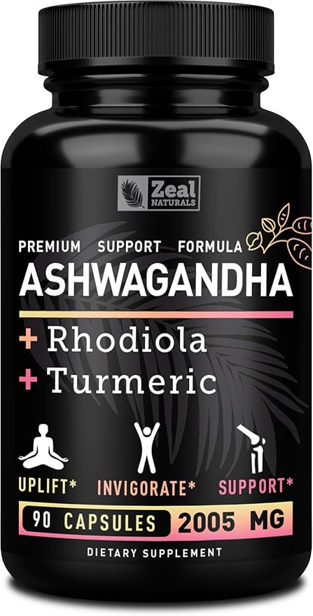 Zeal Naturals Adaptogenic Ashwagandha Complex | 2005mg 90 Capsules | Organic Ashwagandha Root Powder + Rhodiola Rosea + Turmeric | 3-in-1 Stress Relief Energy &amp Joint Support Supplement