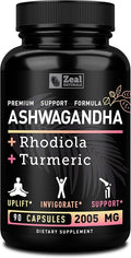 Zeal Naturals Adaptogenic Ashwagandha Complex | 2005mg 90 Capsules | Organic Ashwagandha Root Powder + Rhodiola Rosea + Turmeric | 3-in-1 Stress Relief Energy &amp Joint Support Supplement