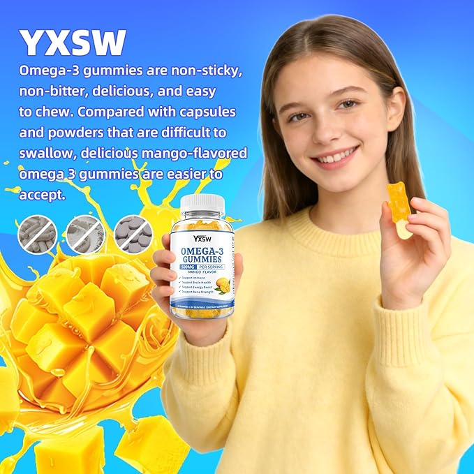 Vegan Omega-3 Gummies 500mg Omega 3 Fish Oil Alternative for Adults with Plant-Based EPA &amp DHA &amp Vitamin A C E for Brain Eye &amp Immune Health Sugar Free Mango Flavor 120 Count