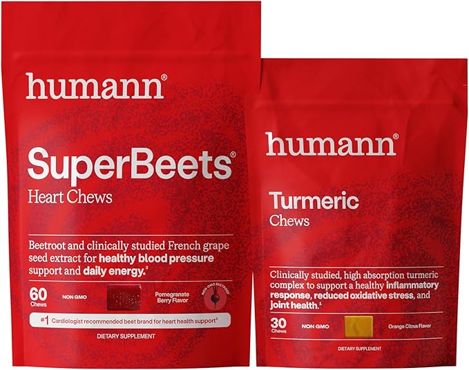 Humann SuperBeets Heart Chews &amp Turmeric Chews Beetroot and Turmeric Supplement High Absorption Curcumin Complex Nitric Oxide Support 90 Count