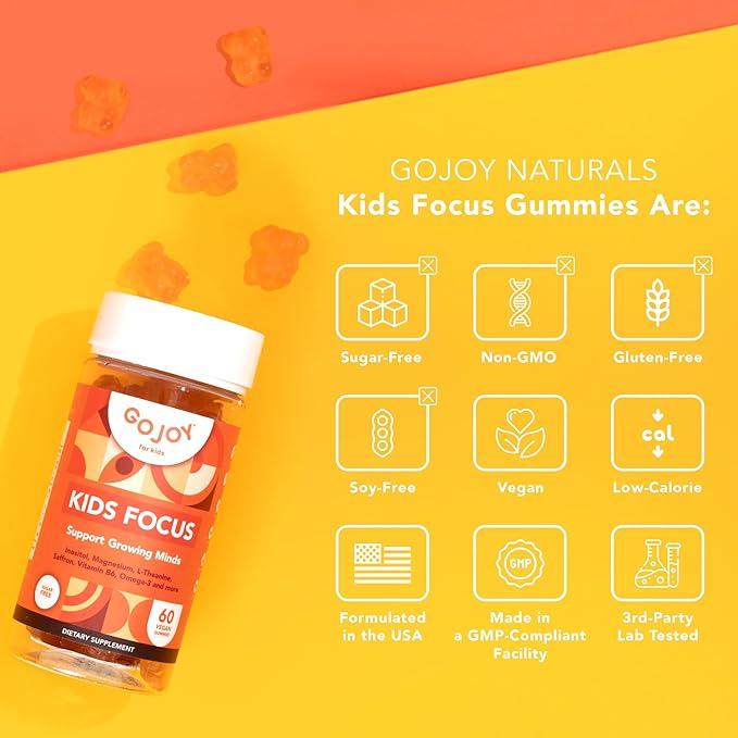 Kids Focus Gummies – Saffron Magnesium Glycinate L-Theanine &amp Inositol Supplement for Kids &amp Teens – Focus Attention &amp Calm – Vegan Sugar-Free Non-GMO