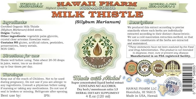 Hawaii Pharm Milk Thistle Alcohol-Free Liquid Extract Professional Grade Small Batch Milk Thistle (Silybum marianum) Dried Seed Glycerite 2x2 oz