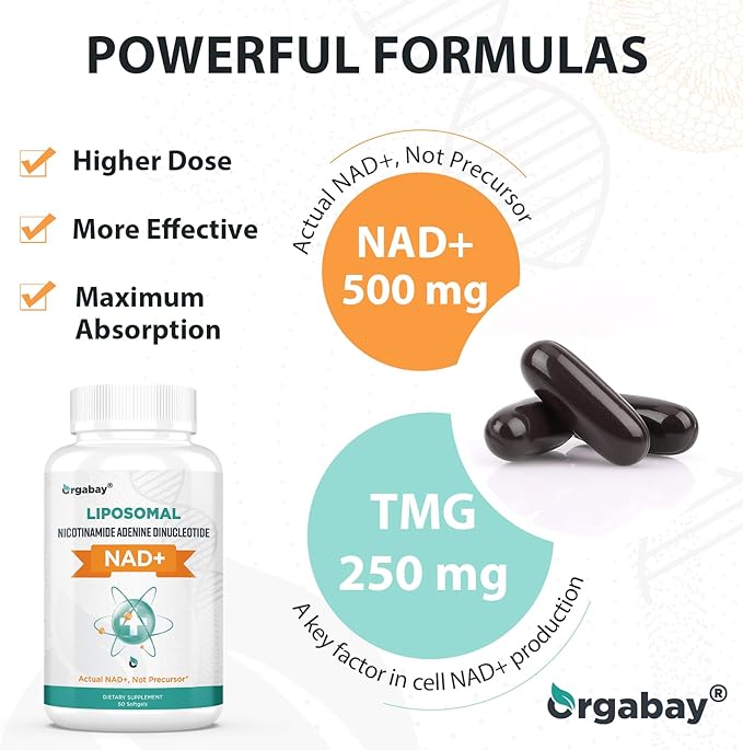 Orgabay Liposomal NAD+ Supplement 500 mg High Absorption Boost NAD+ with TMG 250 mg Actual NAD Plus More Efficient Than Nicotinamide Riboside Support Cellular Energy Healthy Aging | 120 Softgels
