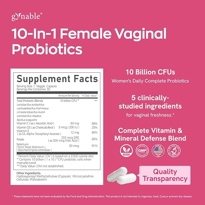 Gynable Vaginal Probiotics for Women Odor &amp Itch Support Urinary | pH Balance Female Probiotics 10 Billion CFU Lactobacillus Probiotics BlendSelenium-Vitamin C/E/D3 Promote Immune Health60 Cou