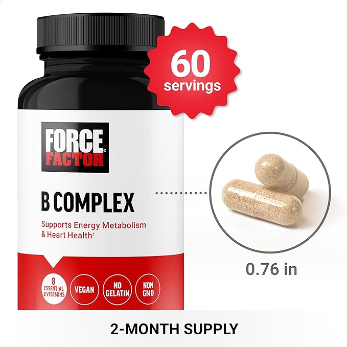 Force Factor Creatine Powder 60 Servings and Vitamin B Complex 60 Capsules Bundle for Muscle Gain Strength Energy and Faster Recovery