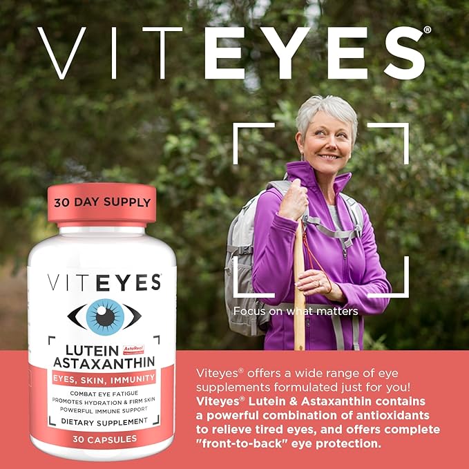 Viteyes Lutein &amp Astaxanthin – Relieve Eye Fatigue Hydrate &amp Firm Skin Blue Light Protection Immune Support 20 mg Lutein 4 mg Astaxanthin Eye Vitamins Doctor Trusted Brand 30 Capsules