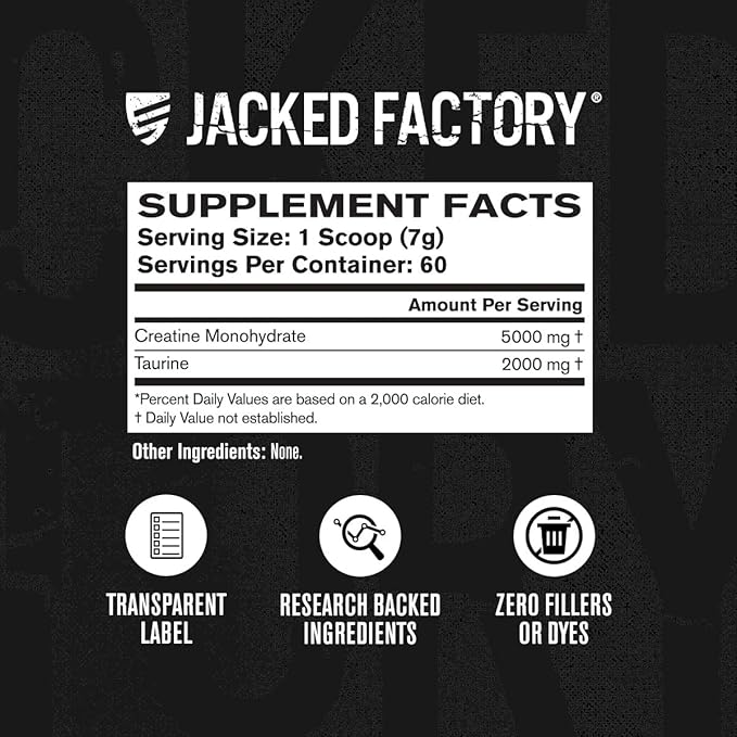 Jacked Factory Creatine + Taurine - Creatine Monohydrate 5000mg with Taurine 2000mg for Increased Muscle Strength &amp Cellular Hydration - 60 Servings Unflavored