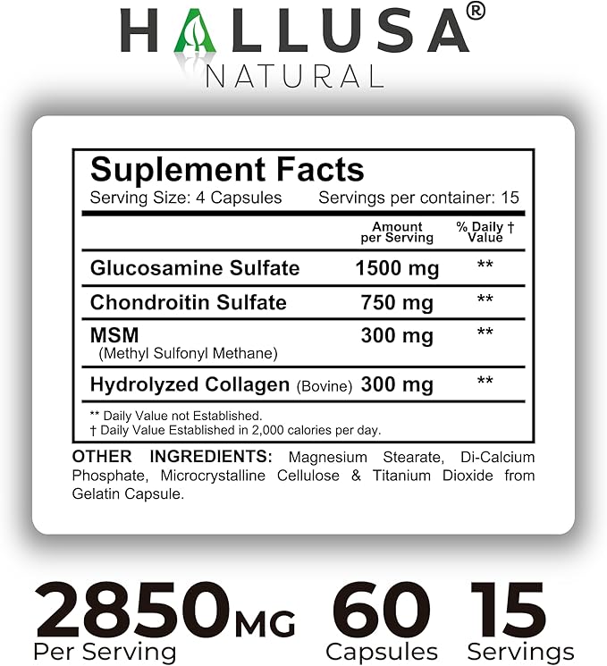 Hallusa Natural Halluflex Joint Support Supplement for Women &amp Men Glucosamine Chondroitin 2850mg 180 Capsules Plus Hydrolyzed Collagen Mobility Flexibility &amp Joint Health