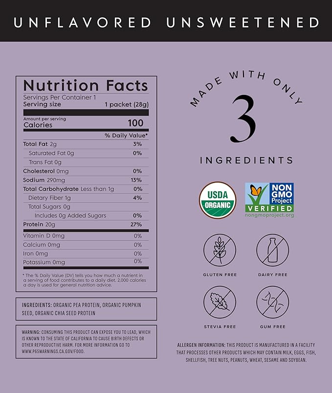 Truvani Vegan Pea Protein Powder | Unflavored | 20g Organic Plant Based Protein | Single Serving Travel Packets | 10 Servings | Keto | Gluten &amp Dairy Free | Low Carb | No Added Sugar