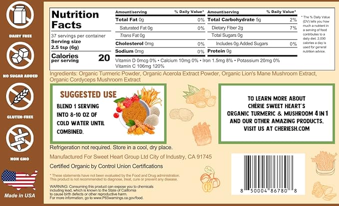 Cherie Sweet Heart Turmeric &amp Mushroom 4-in-1 | All-Natural Plant-Based Powdered Drink Mix | Immunity &amp Wellbeing | Organic Non-GMO Vegan Gluten-Free | No Sugar Added | 8 oz Jar