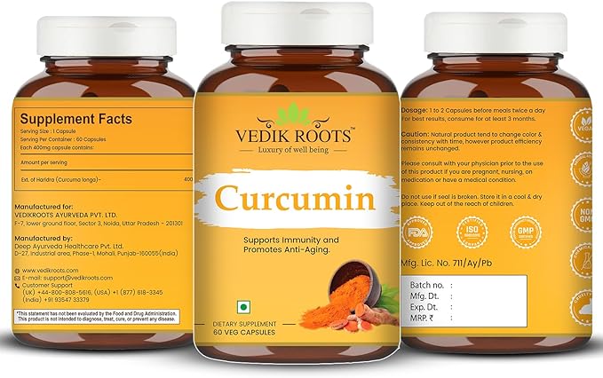 Curcumin Capsules - Antioxidant Properties | for Joint Comfort &amp Anti-Aging| 60 Veg Capsules (180)