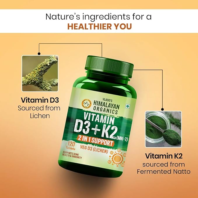 Himalayan Organics Vitamin D3 with K2 As MK7 Supplement- 120 Veg Tablets