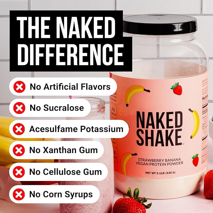 NAKED Shake - Vegan Protein Powder Strawberry Banana - Flavored Plant Based Protein with Mct Oil NSF Certified Gluten-Free Soy-Free No Gmos Or Artificial Sweeteners - 30 Servings