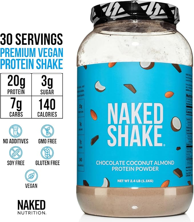 NAKED Shake - Chocolate Coconut Almond Protein Powder - Flavored Plant Based Protein from US &amp Canadian Farms with MCT Oil Gluten-Free Soy-Free No GMOs or Artificial Sweeteners - 30 Servings
