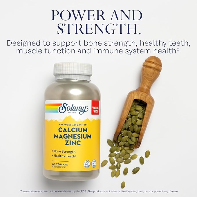 SOLARAY Calcium Magnesium Zinc and Timed Release Vitamin C - Bone Health Immune Support Bundle 1000mg Calcium 500mg Magnesium 1000mg Vitamin C Supplement Vegan 60-Day Guarantee 275 VegCaps Each