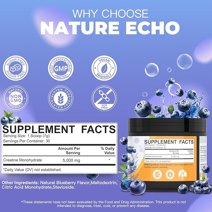 Creatine Monohydrate Powder - Blueberry - 30 Servings - 5g of Creatine Monohydrate - Supports Muscle ATP Production Energy Strength - Vegan Gluten Free