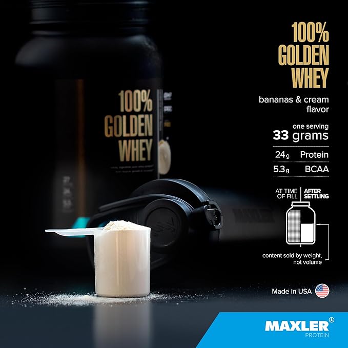 Maxler 100% Golden Whey Protein - 24g of Protein per Serving - Whey Protein Powder for Pre Post Workout - Fast-Absorbing Whey Concentrate Isolate &amp Hydrolysate Blend - Bananas &amp Cream 5 lb