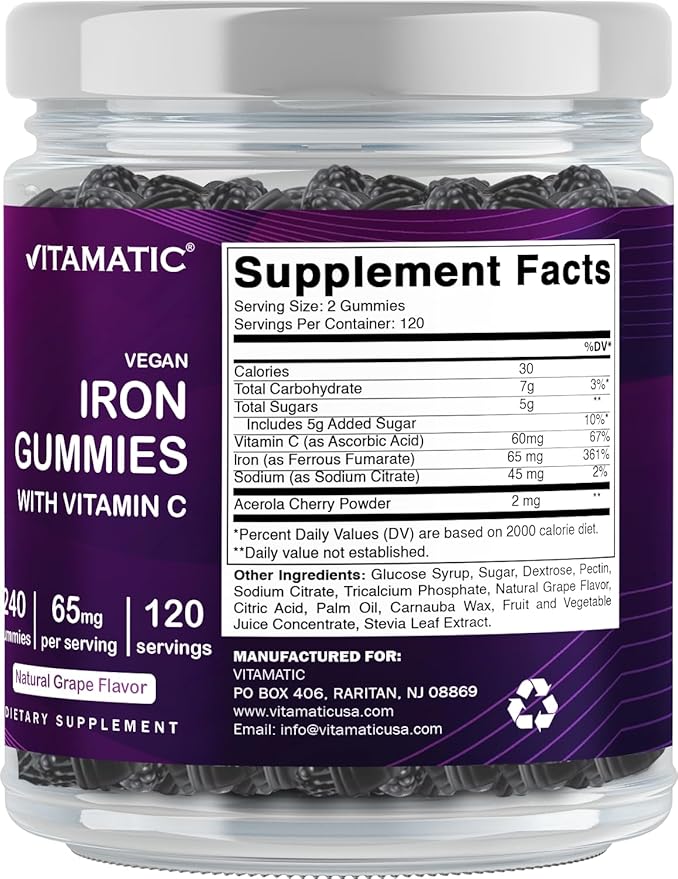 Vitamatic Iron 65 mg Gummies Supplement for Women &amp Men - 240 Vegan Gummies - Great Tasting Iron Gummy Vitamins with Vitamin C
