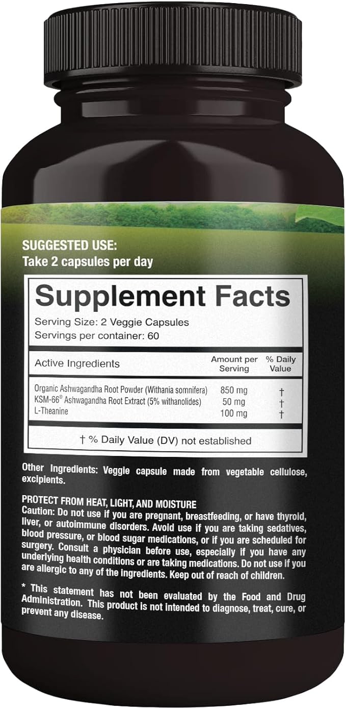 Organic Ashwagandha Capsules 500 mg with KSM-66® &amp L-Theanine 120 Veggie Capsules – Non-GMO Gluten-Free Soy-Free – Withania Somnifera Herbal Supplement