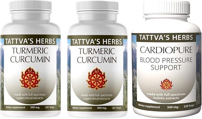 Tattva's Herbs Bundle 3 Pack - 2 Pack - Turmeric Curcumin 120 ct. 500 mg. - Plus 1 Pack Cardiopure 120 ct. 500 mg.