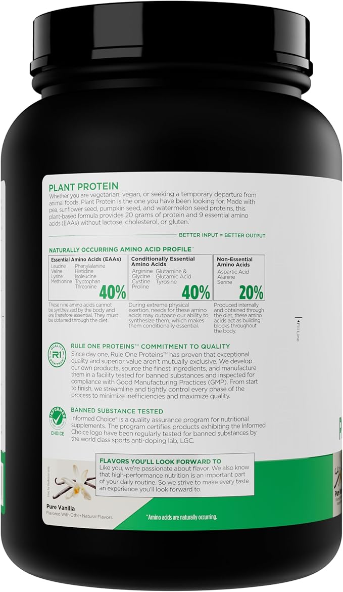 Rule 1 Plant Protein - Vegan Gluten-Free Dairy Free &amp Soy Free Protein Powder with 20g Protein per Serving (20 Servings Pure Vanilla)