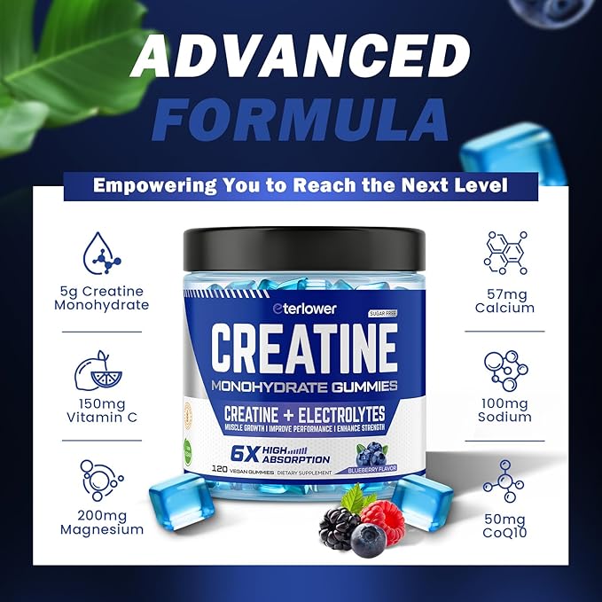 Creatine Monohydrate Gummies 5g – Pre-Workout Energy &amp Muscle Growth Support for Men &amp Women | Blueberry Electrolyte Gummies 120 Count
